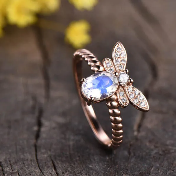 14K/18K Rose Gold Rainbow Moonstone Butterfly Engagement Ring Unique