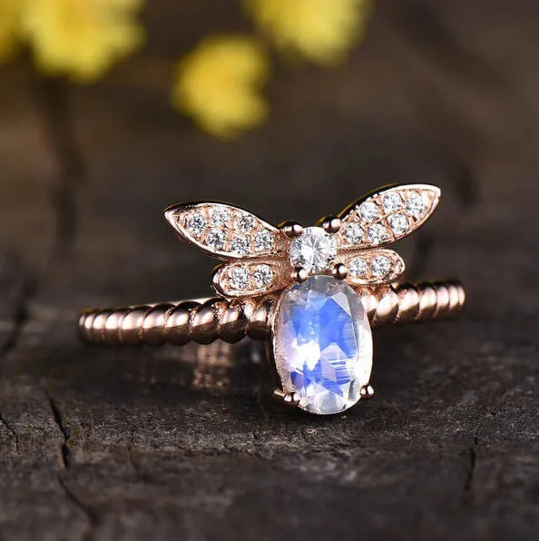 14K/18K Rose Gold Rainbow Moonstone Butterfly Engagement Ring Unique