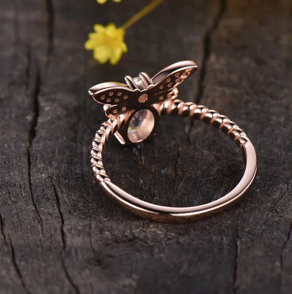 14K/18K Rose Gold Rainbow Moonstone Butterfly Engagement Ring Unique