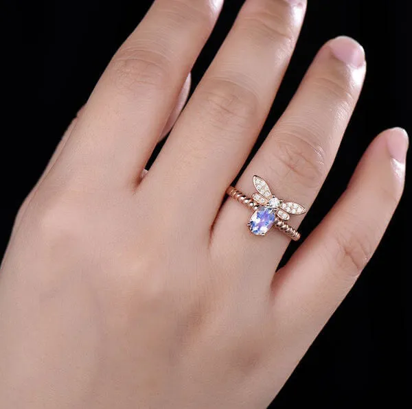 14K/18K Rose Gold Rainbow Moonstone Butterfly Engagement Ring Unique