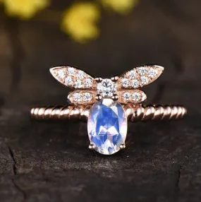 14K/18K Rose Gold Rainbow Moonstone Butterfly Engagement Ring Unique