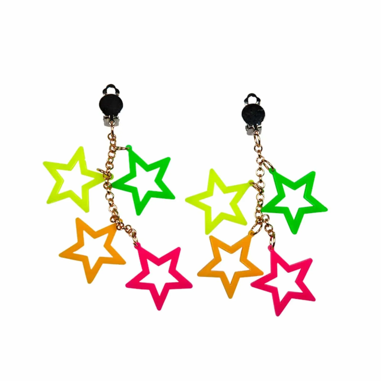 Adults 80s Star Drop Earrings Neon Colours Clip On Fancy Dress