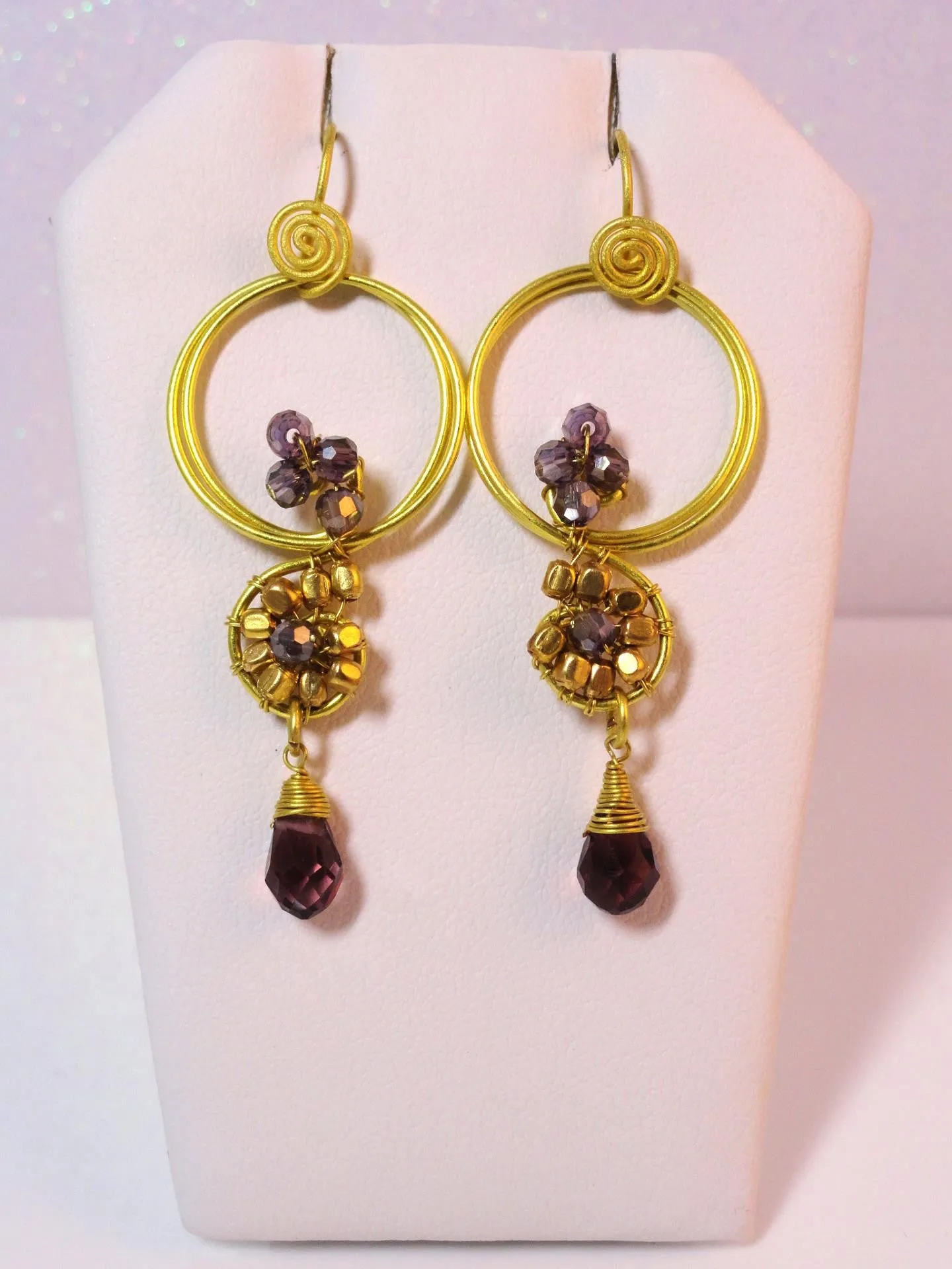 Amethyst Crystal, Beaded Brass Earrings