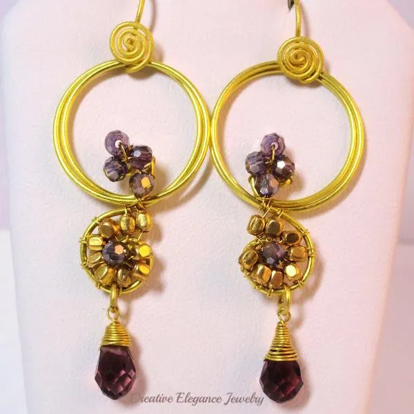 Amethyst Crystal, Beaded Brass Earrings