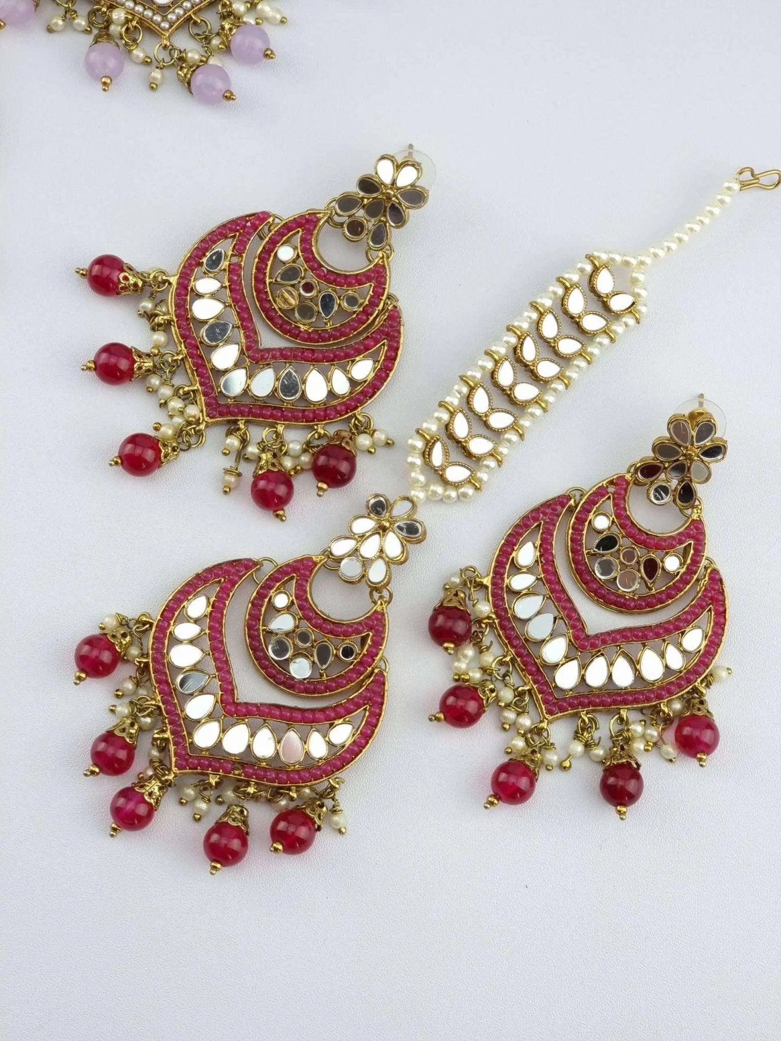 Antique Gold Mirror Chandbali Earrings Tikka Set