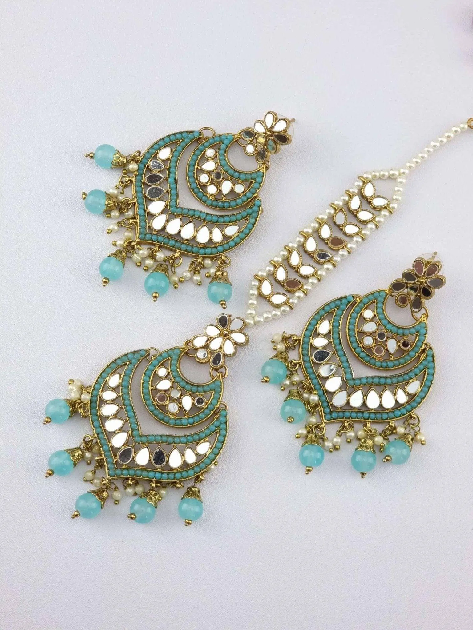 Antique Gold Mirror Chandbali Earrings Tikka Set