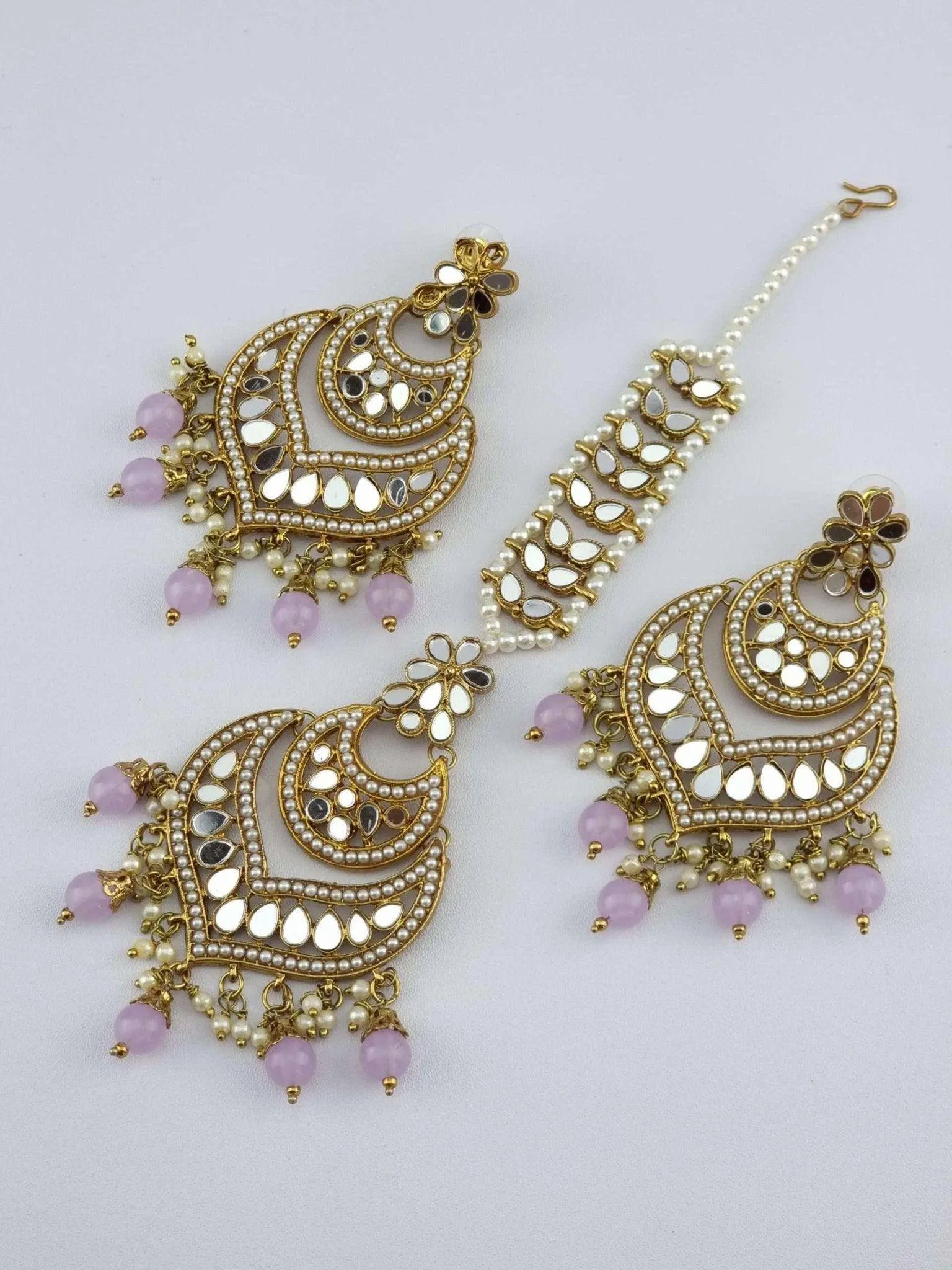 Antique Gold Mirror Chandbali Earrings Tikka Set