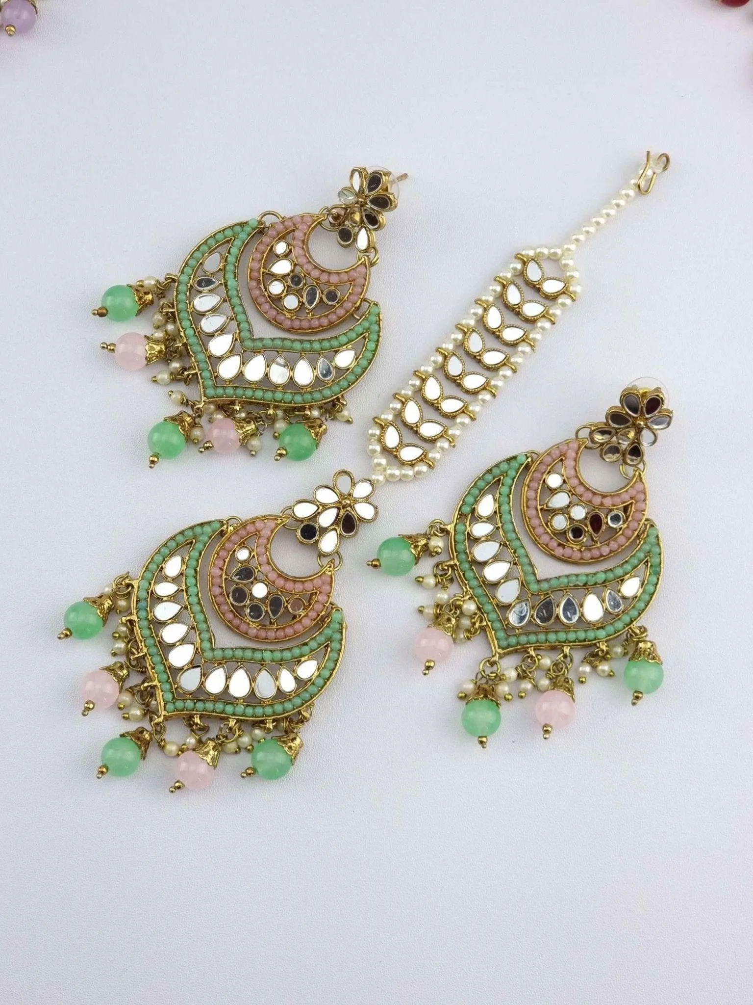 Antique Gold Mirror Chandbali Earrings Tikka Set