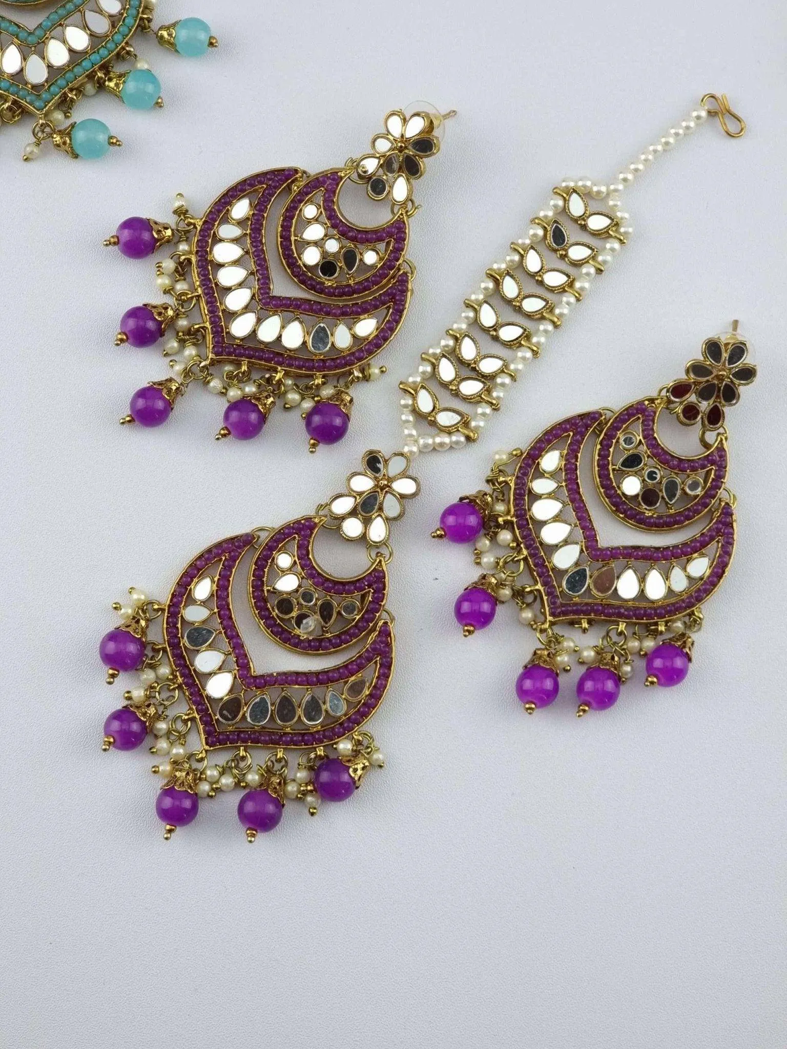 Antique Gold Mirror Chandbali Earrings Tikka Set