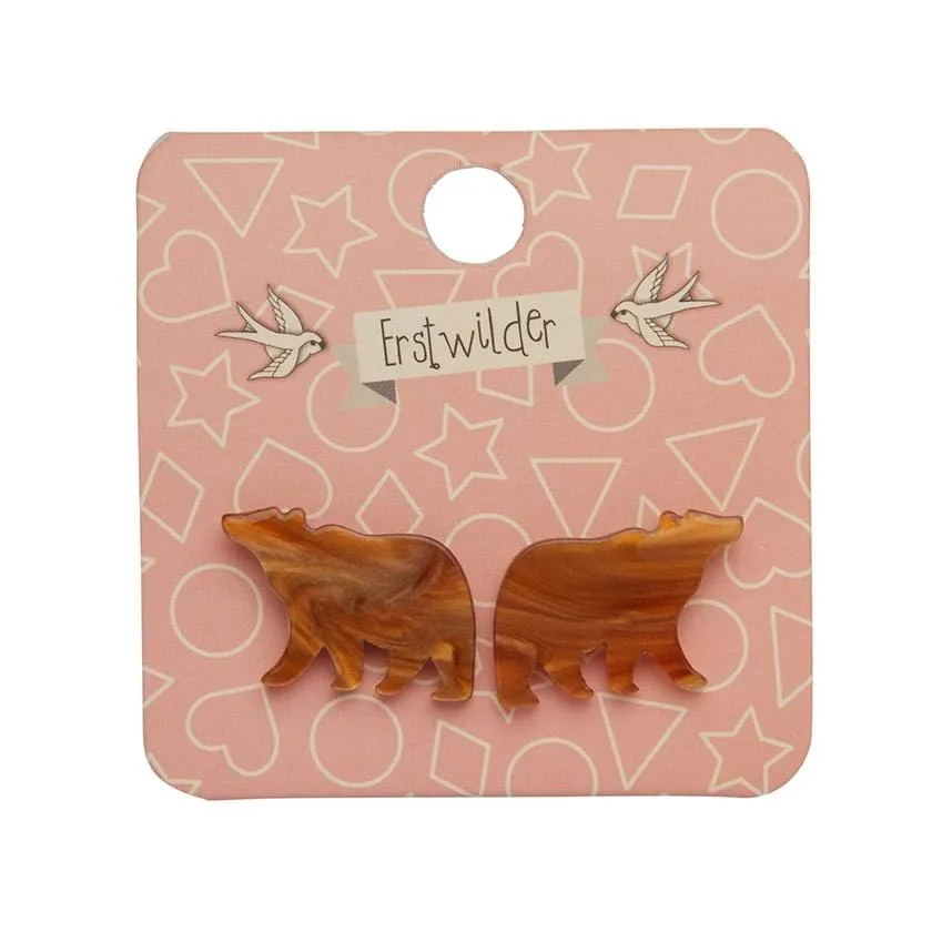 Bear Textured Resin Stud Earrings - Brown