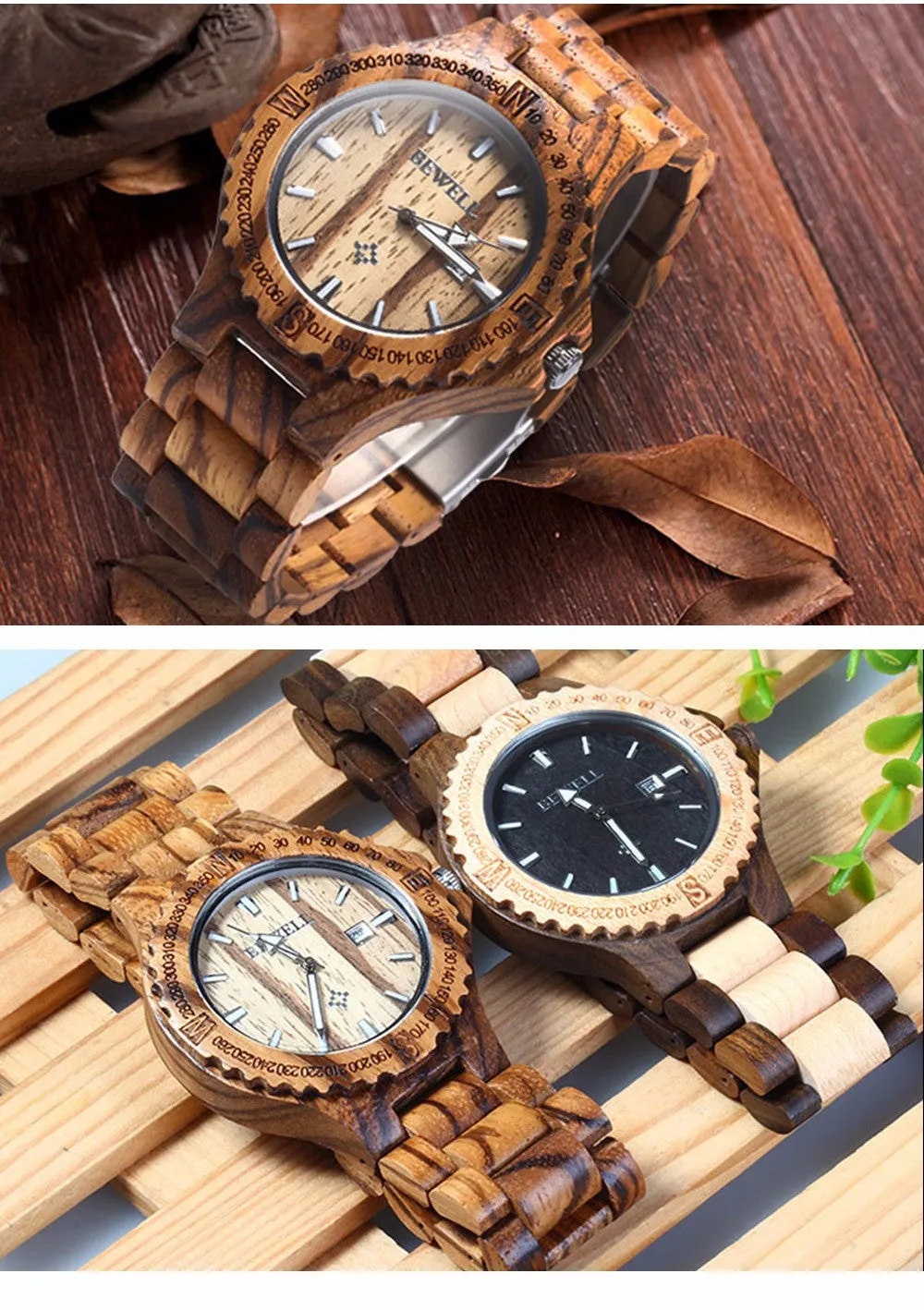 BEWELL Brand Men Wooden Watch New Year Gift Bangle Quartz Watch with Calendar Display role men relogio masculino watches