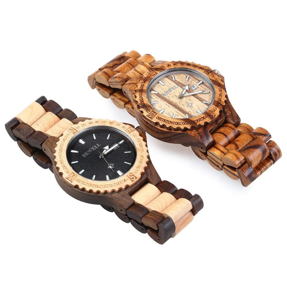 BEWELL Brand Men Wooden Watch New Year Gift Bangle Quartz Watch with Calendar Display role men relogio masculino watches