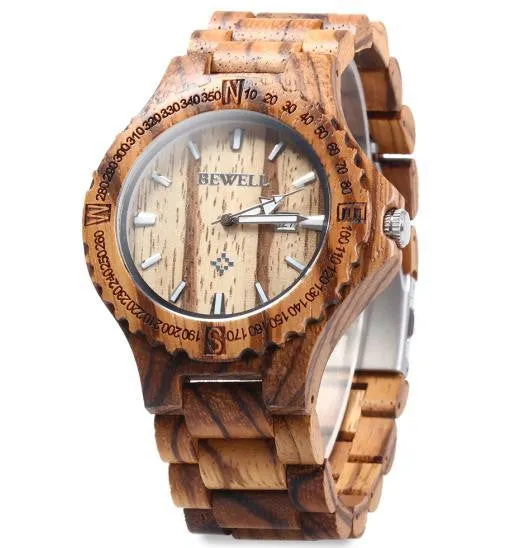 BEWELL Brand Men Wooden Watch New Year Gift Bangle Quartz Watch with Calendar Display role men relogio masculino watches