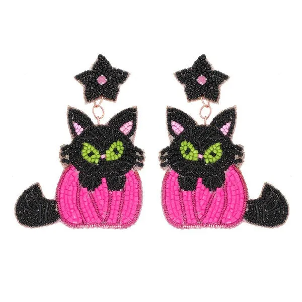 Black Cat Pumpkin Beaded Earrings