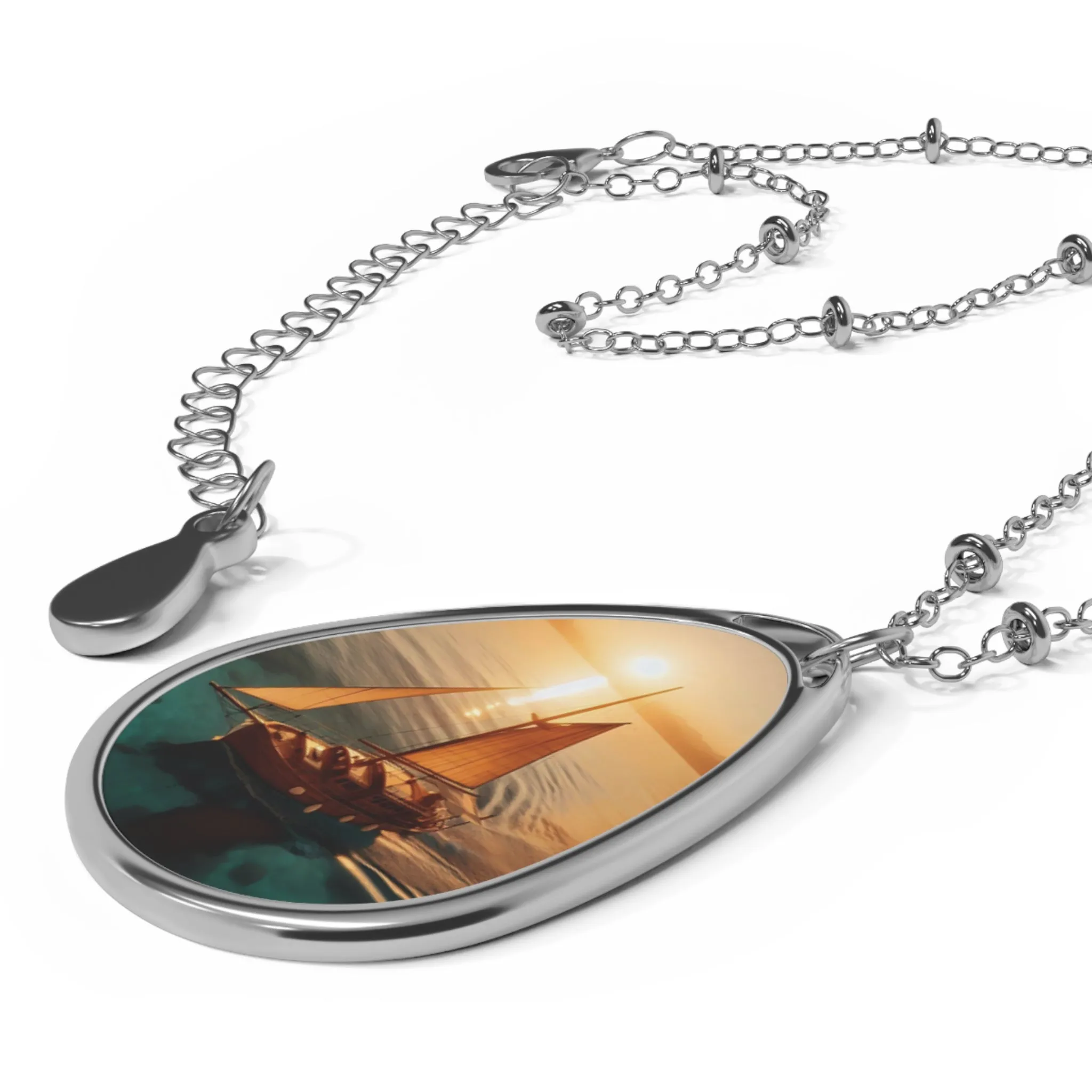 Boat sailing in the sea at sunset Oval Necklace