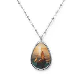 Boat sailing in the sea at sunset Oval Necklace