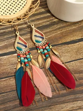 Bohemian Red Beaded Feather Tassel Earrings