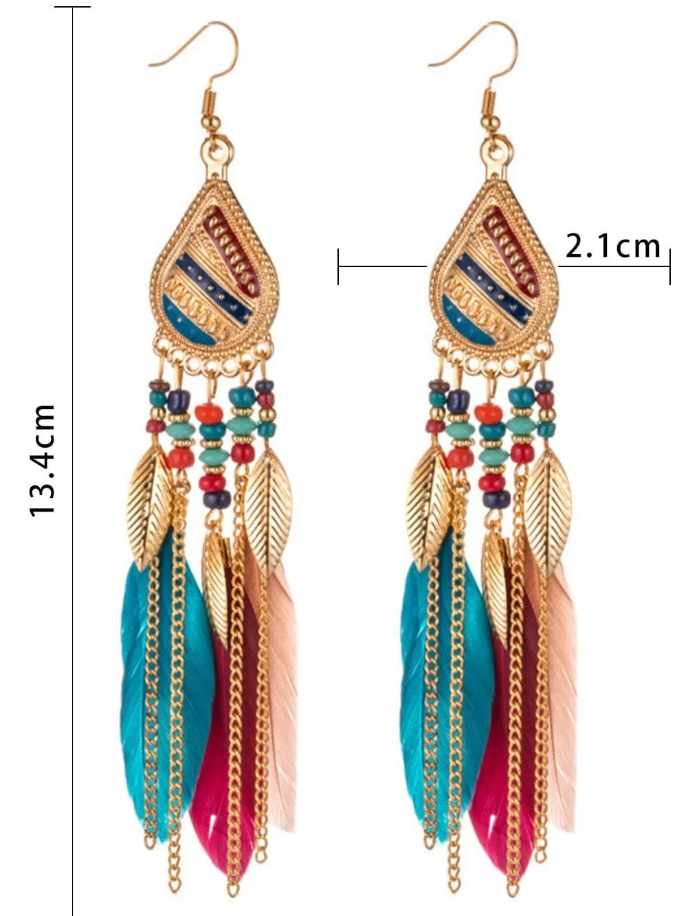 Bohemian Red Beaded Feather Tassel Earrings