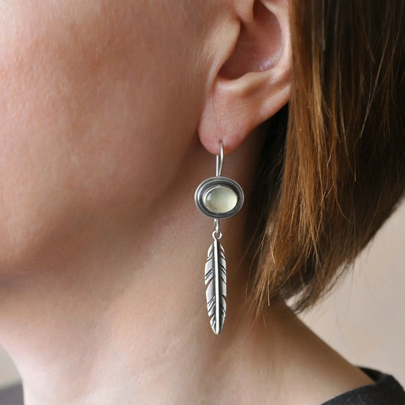 Boho Feather Dangle Earrings with Moonstone Accent jlt11599