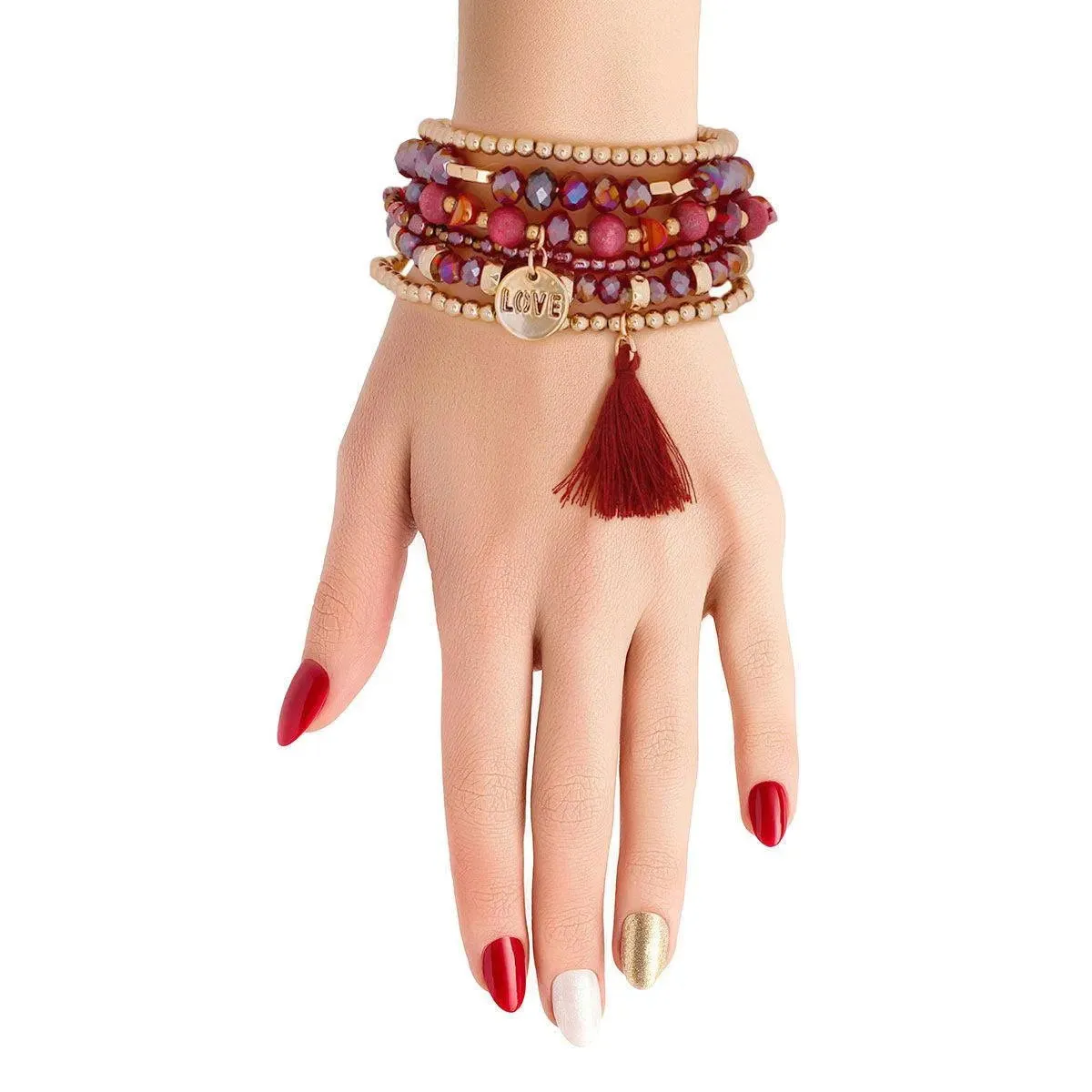 Burgundy Stretch Bracelet Set Tassel Love Charm