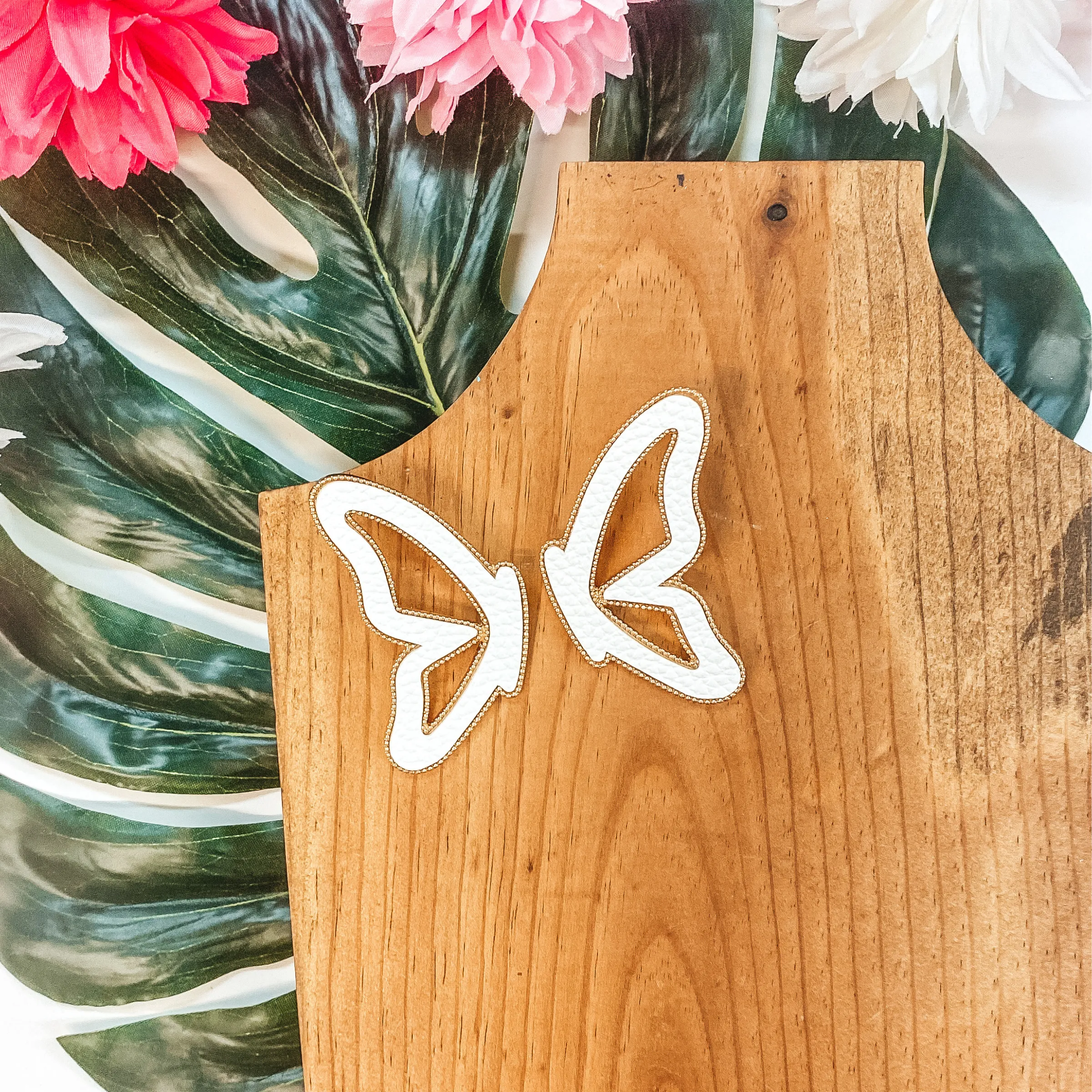 Butterfly Kisses Leather Butterfly Earrings with Gold Trim in White