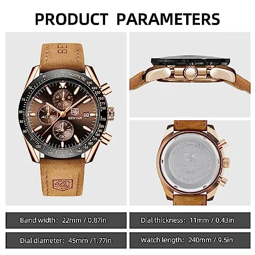 BY BENYAR Mens Watches Analog Quartz Chronograph Waterproof Brown Leather Men's Wrist Watches Business Work Casual Sport Classic Big Face Dress Watch Unique Elegant Gifts for Men