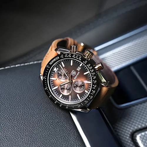 BY BENYAR Mens Watches Analog Quartz Chronograph Waterproof Brown Leather Men's Wrist Watches Business Work Casual Sport Classic Big Face Dress Watch Unique Elegant Gifts for Men