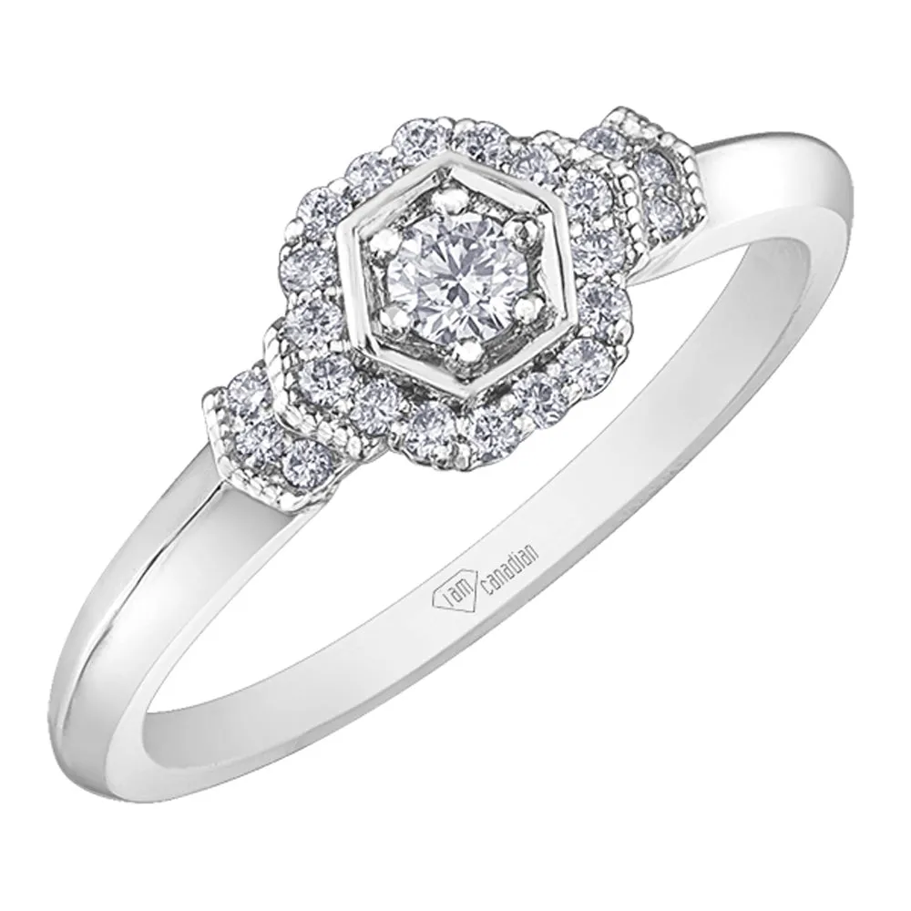 Canadian Hexagonal Diamond Ring with Diamond Halo and Accents