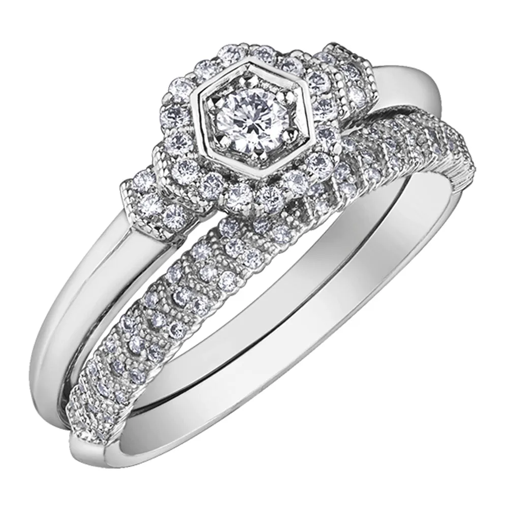 Canadian Hexagonal Diamond Ring with Diamond Halo and Accents