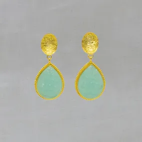 Carved Aqua Chalcedony and Textured Gold Vermeil Earrings