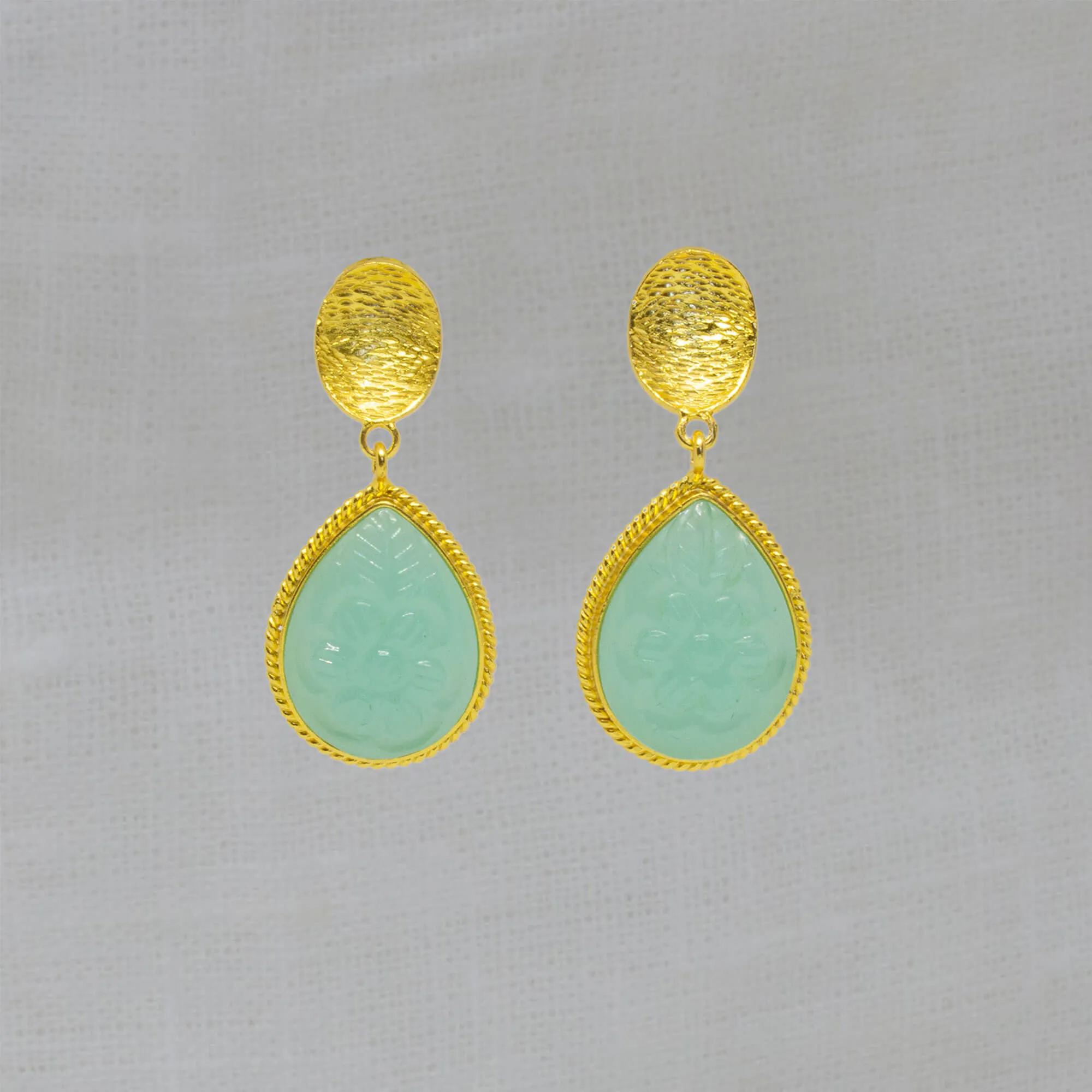 Carved Aqua Chalcedony and Textured Gold Vermeil Earrings