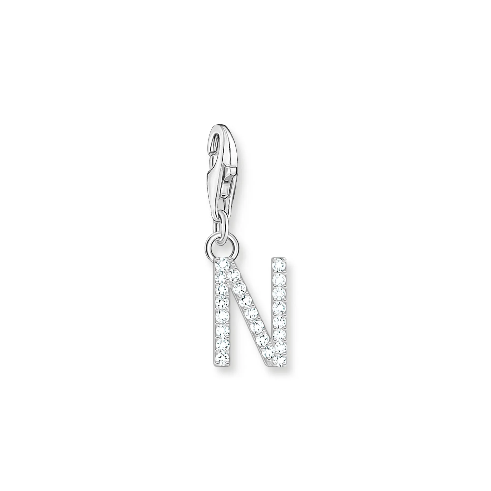 Charm pendant letter N with white stones silver