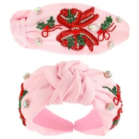 Christmas Bow Beaded Headband - Pink