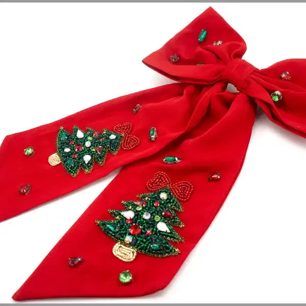 Christmas Tree Beaded Hair Bow - Red