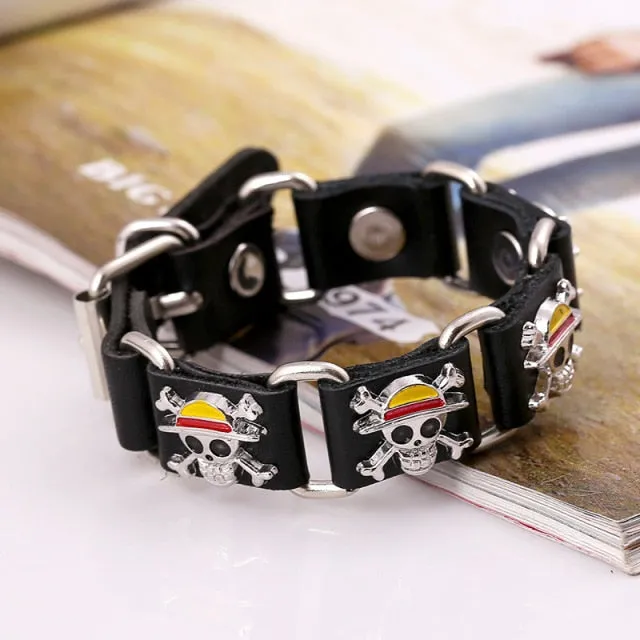 Fashion One Piece Luffy Pirate Logo Bracelet Punk Black Leather Braided Punk Rock Bangles Jewelry Accessories Best Friends Gift