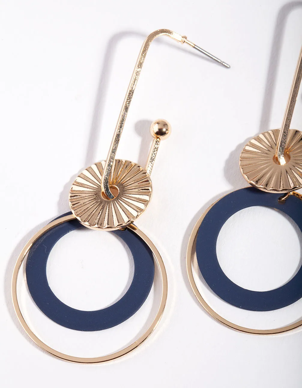 Gold Blue Textured Circle Disc Drop Earrings