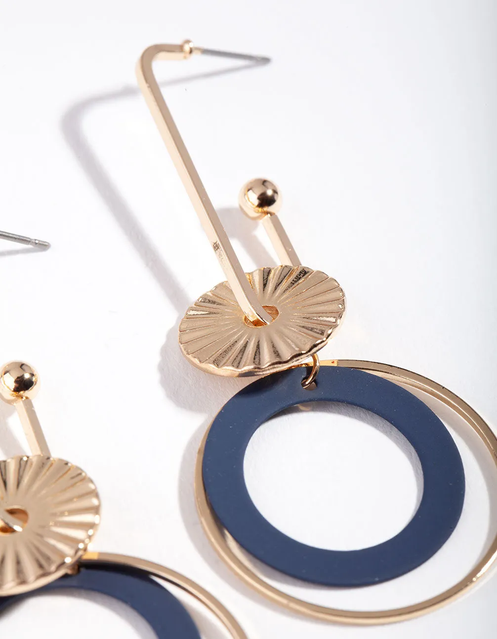 Gold Blue Textured Circle Disc Drop Earrings