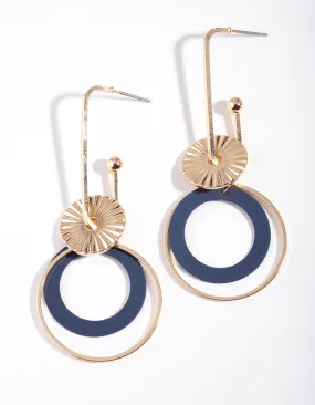 Gold Blue Textured Circle Disc Drop Earrings