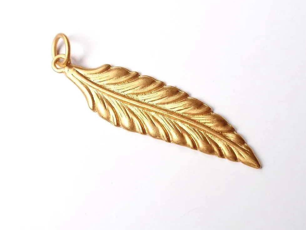 Gold Feather Pendant, Long Leaf, Feather Charm, Gold Charm, Gold Pendant, Jewelry Component, Jewelry Making, Bohochic Jewelry, Bird