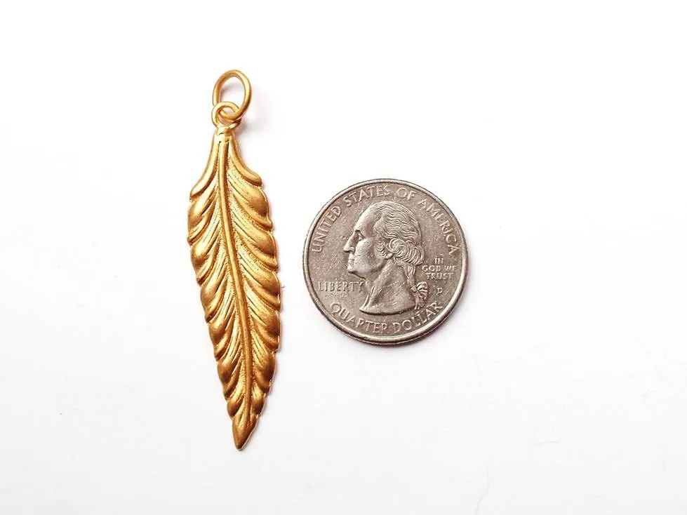 Gold Feather Pendant, Long Leaf, Feather Charm, Gold Charm, Gold Pendant, Jewelry Component, Jewelry Making, Bohochic Jewelry, Bird