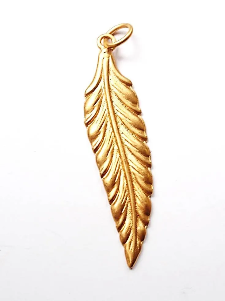 Gold Feather Pendant, Long Leaf, Feather Charm, Gold Charm, Gold Pendant, Jewelry Component, Jewelry Making, Bohochic Jewelry, Bird