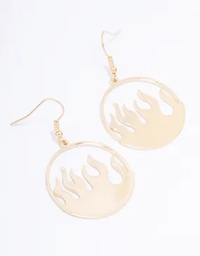 Gold Round Flame Drop Earrings