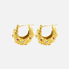 Gold Textured Hoop Earrings with Pink and White Crystals