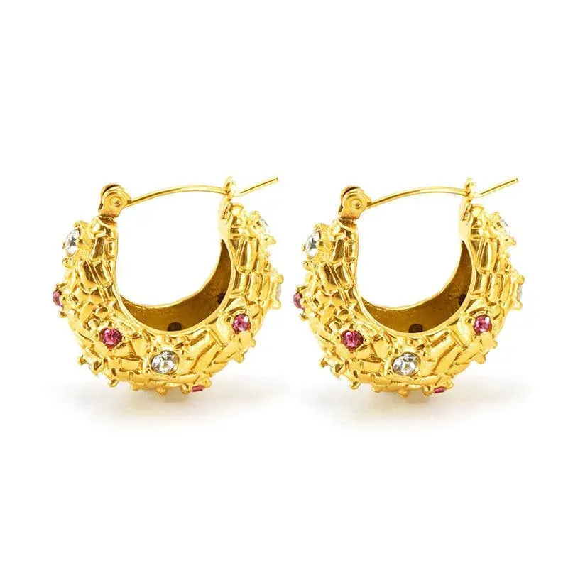 Gold Textured Hoop Earrings with Pink and White Crystals