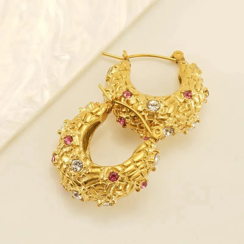 Gold Textured Hoop Earrings with Pink and White Crystals