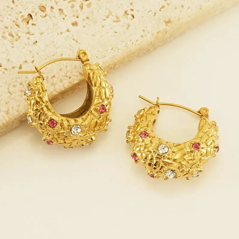 Gold Textured Hoop Earrings with Pink and White Crystals