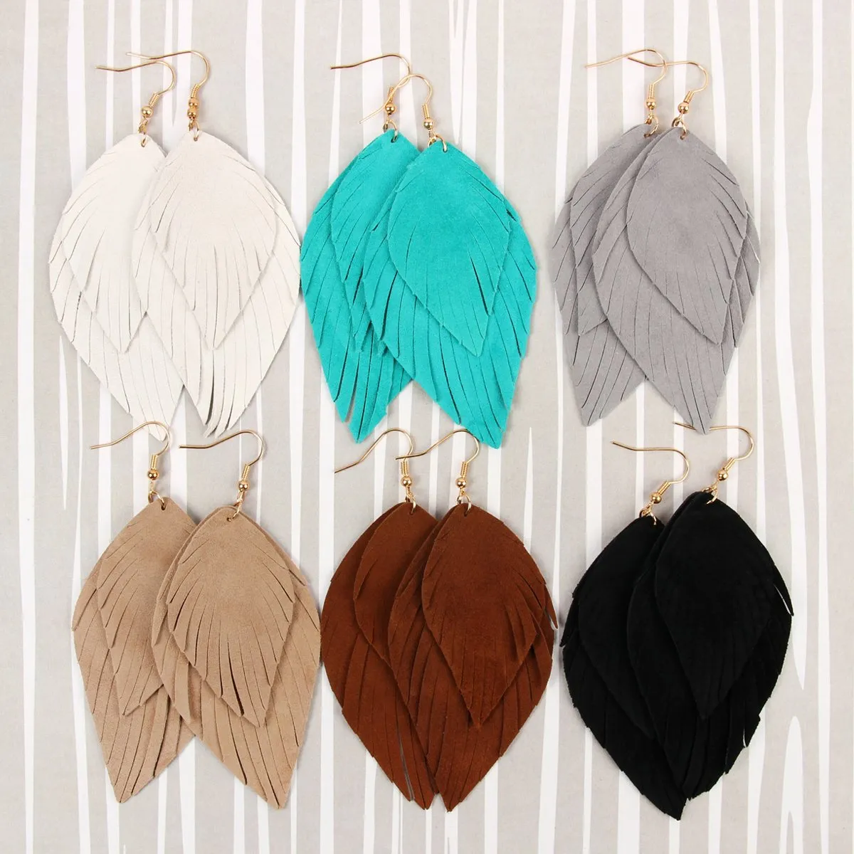 Hde2445 - Layered Fringe Leather Hook Earrings