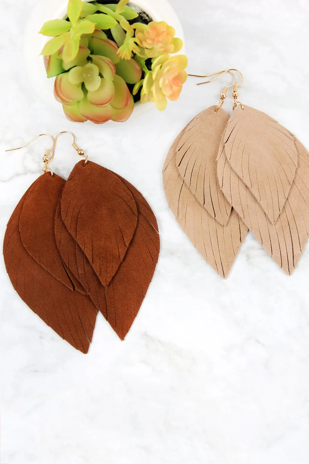 Hde2445 - Layered Fringe Leather Hook Earrings