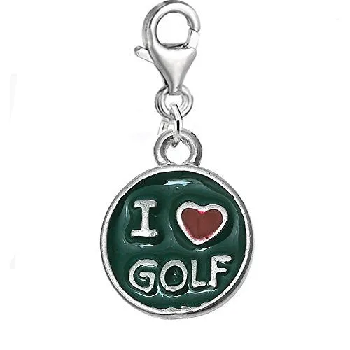 I Love Golf Charm Clip on Pendant for European Charm Bracelet Jewelry with Lobster Clasp