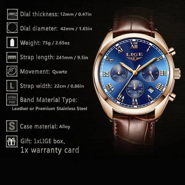 LIGE High End Luxury Mens Watch with Blue Face, 30M Waterproof